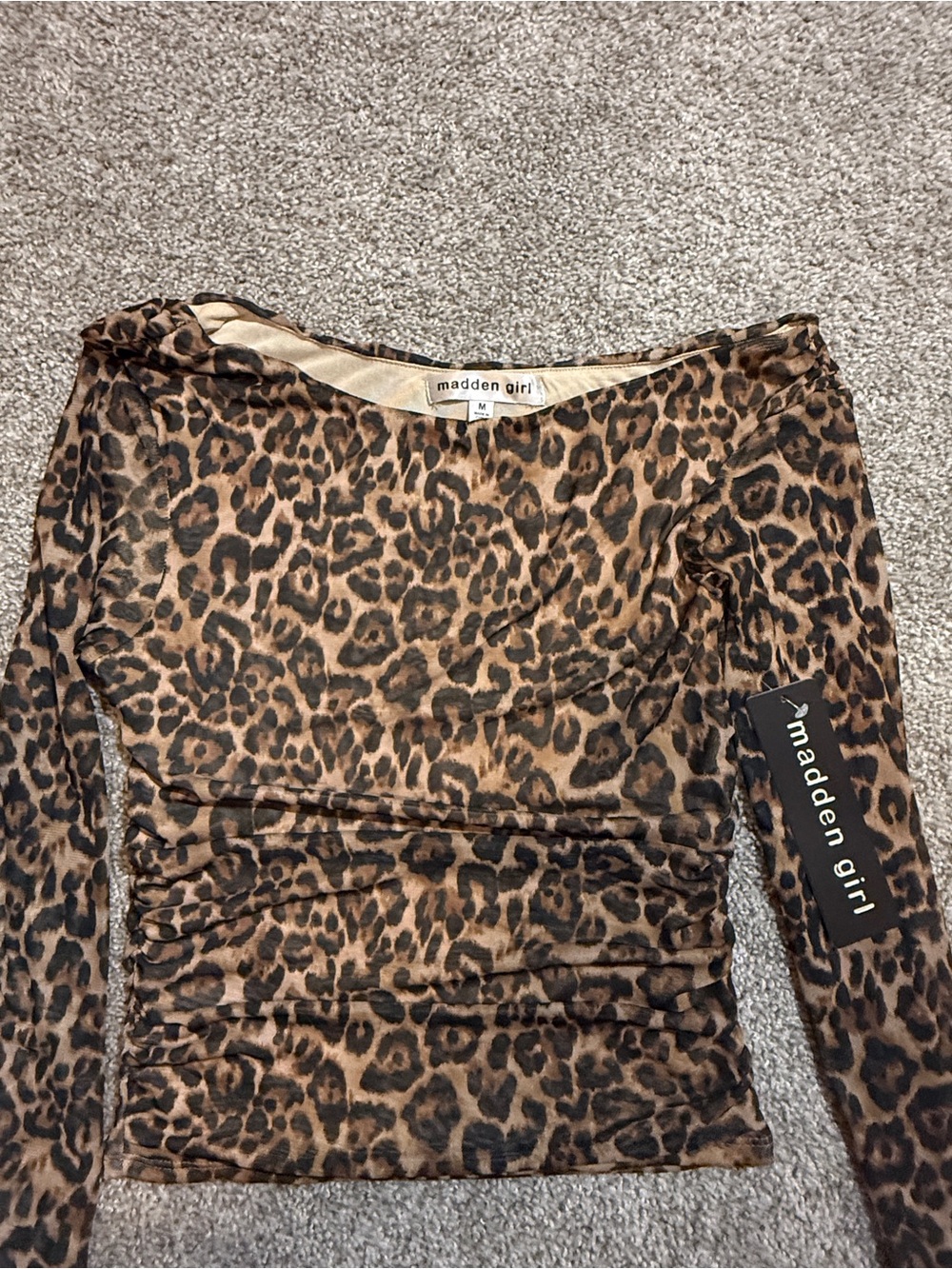 Madden Girl Leopard-Print Off-Shoulder Long Sleeve Top in Brown, Size Juniors M